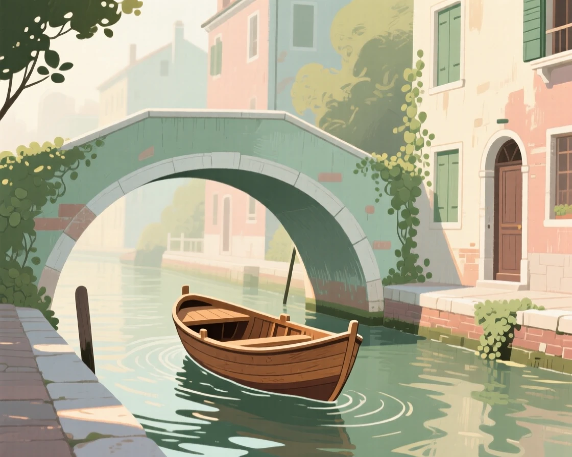 A canal town street where a small wooden boat drifts beneath a bridge