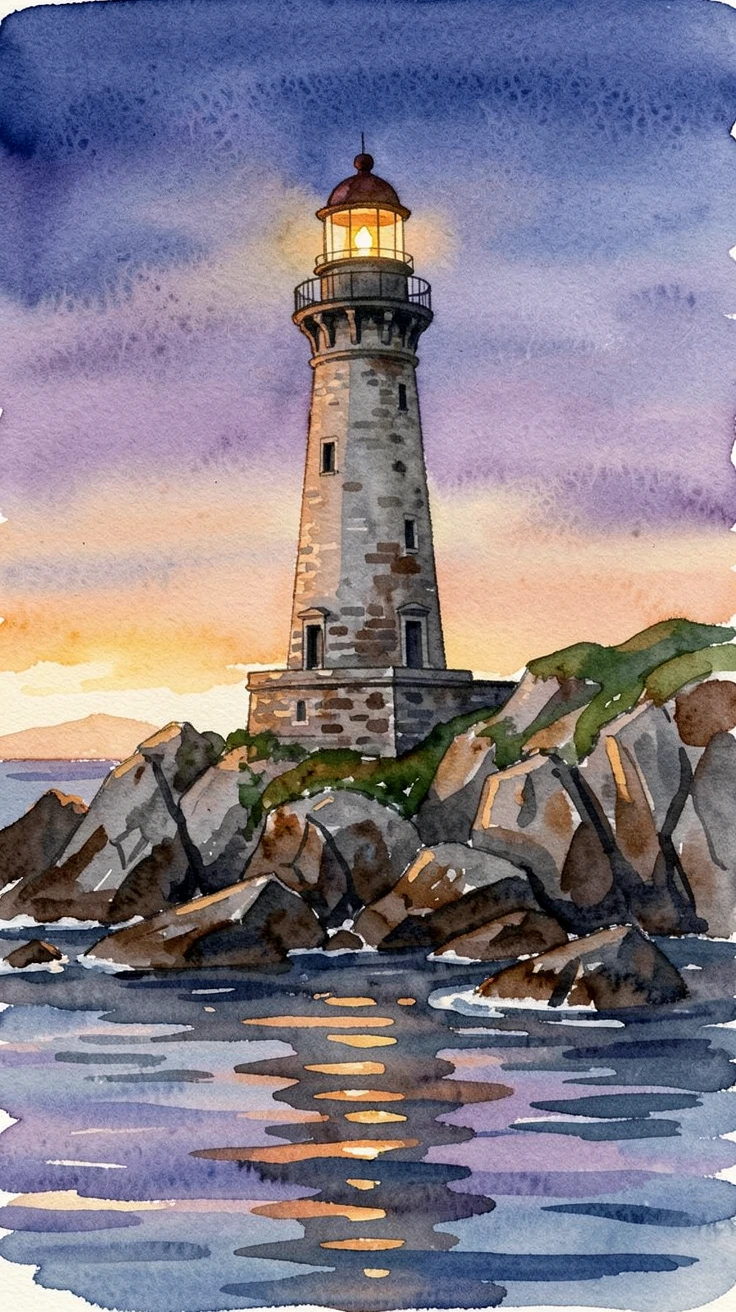 A grand old lighthouse on a rugged coastline as lanterns are lit at dusk with reflections shimmering in the water below.