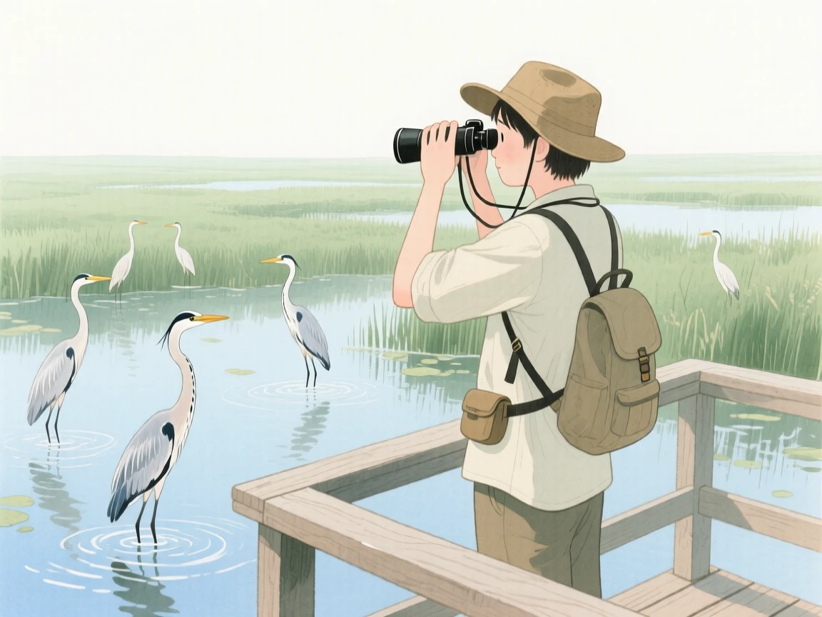 A birdwatcher peers through binoculars from a wooden platform overlooking a wetland filled with herons