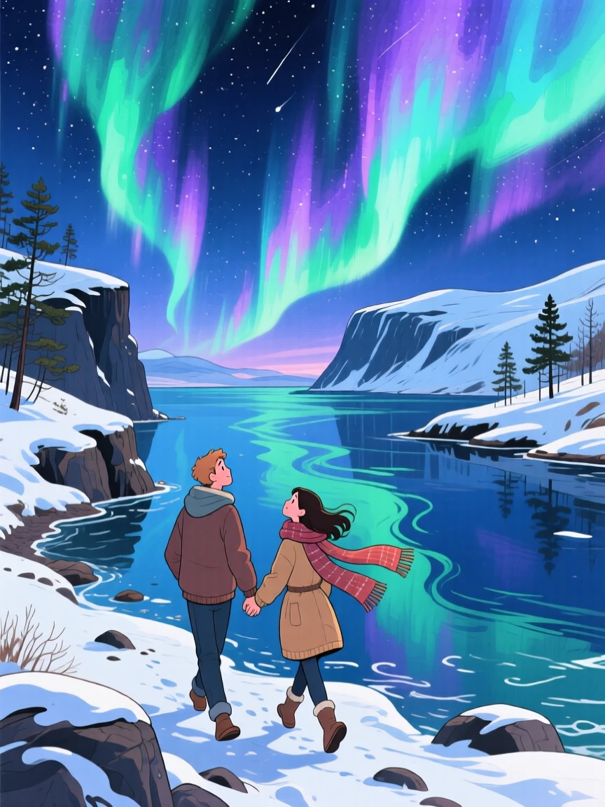 A young couple wanders hand in hand amid the Northern Lights dancing above an Icelandic fjord, inspiring a dream of far-off horizons.