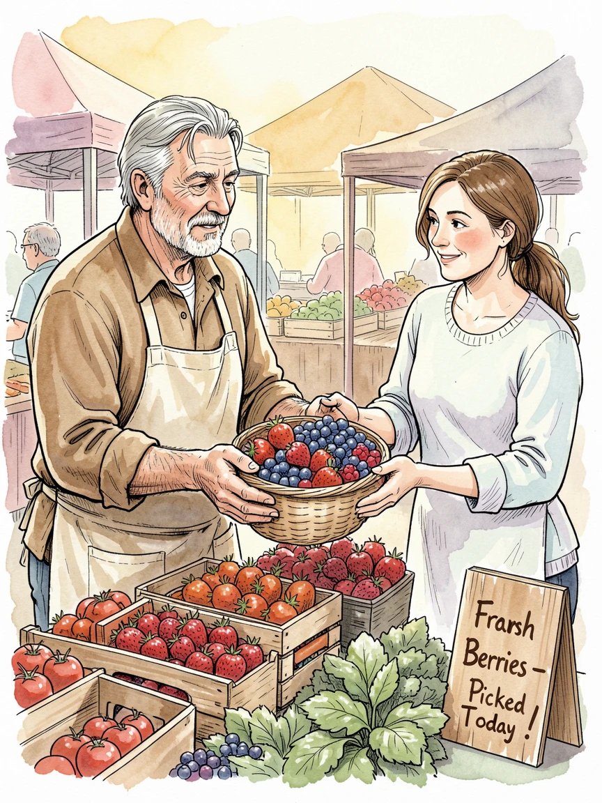 A farmer's market vendor handing a customer a basket of fresh berries, a warm and unhurried mood settling over the moment.