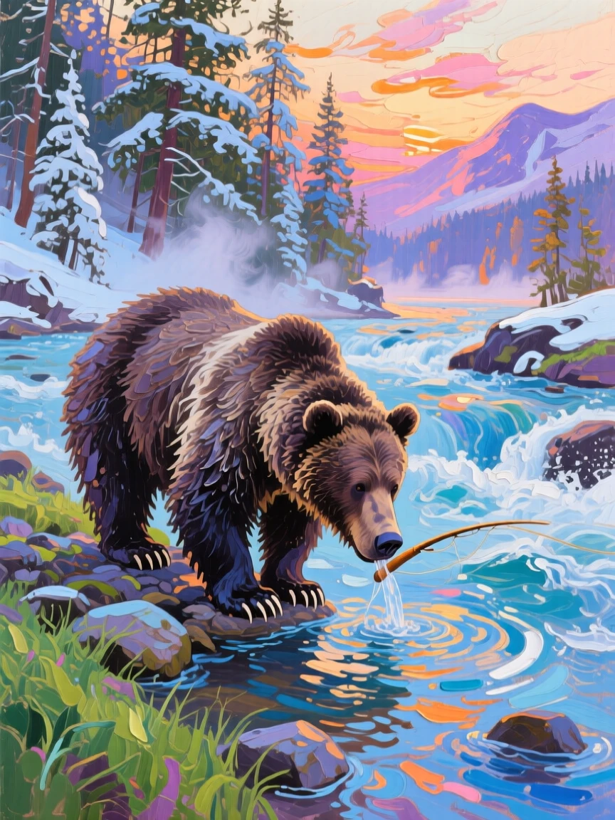 A grizzly bear fishing in a rushing river, it drinking from the cool water's edge, amid towering pine trees dusted with fresh snow, at sunrise, mist still clinging to the grass.