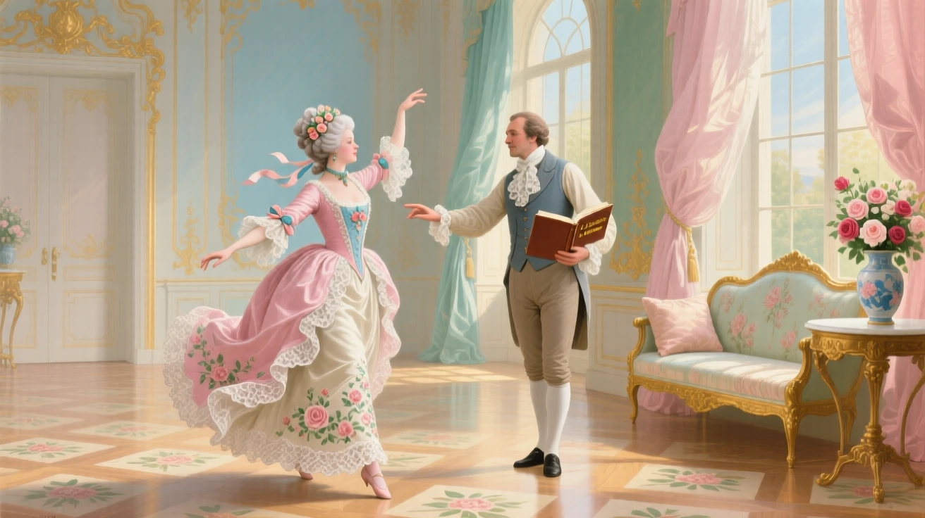 A noblewoman practicing a dance step with her tutor in a sunlit hall  
