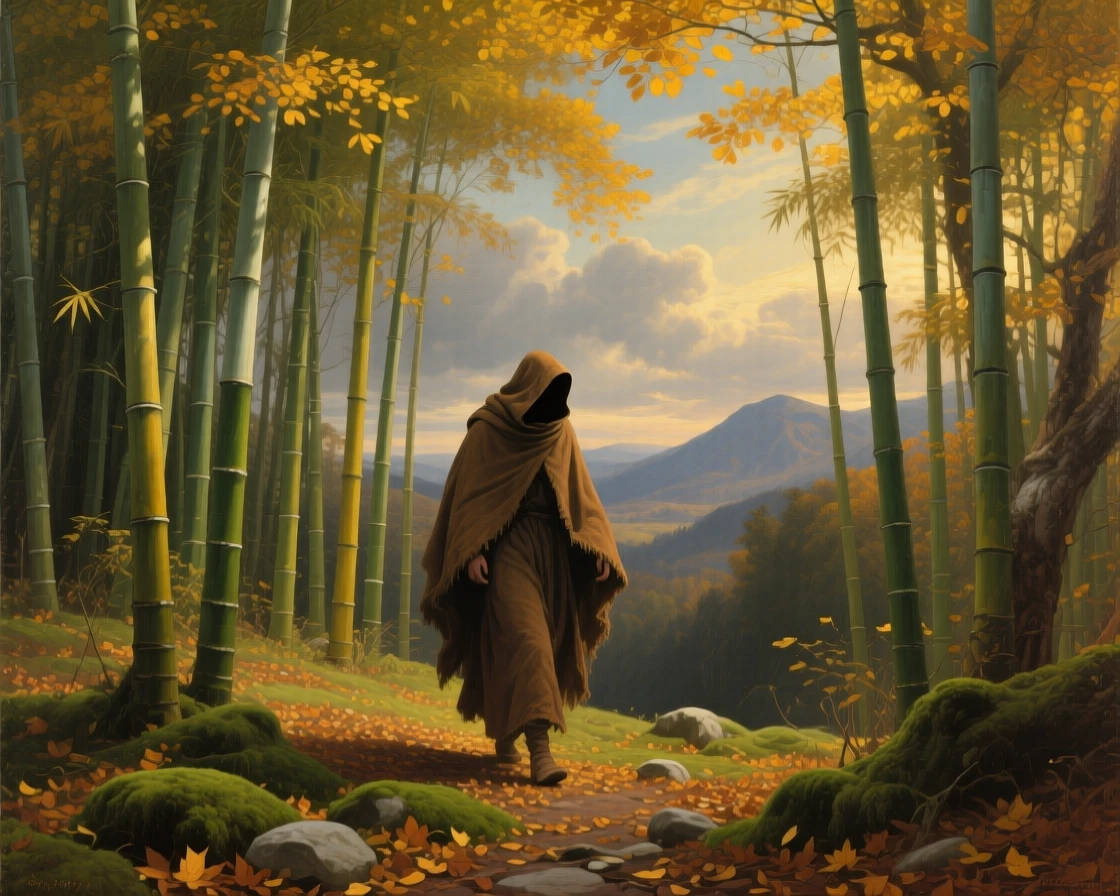 A hooded traveler wanders deep into a bamboo grove swaying gently beneath a canopy glowing gold in autumn.