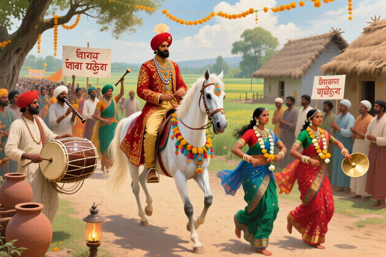An Indian wedding procession with vibrant colors, music, and dancing, with intricate cultural details woven throughout the composition, capturing the grandeur and detail of a bygone era