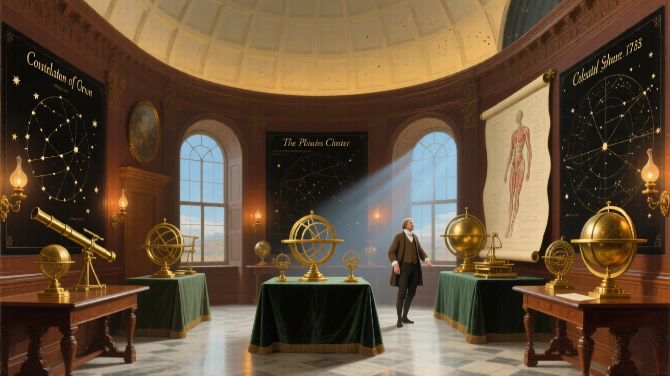 A domed observatory filled with brass instruments and star charts awaiting the arrival of guests soon to fill its halls, set inside a grand academy of art and learning, with dust motes drifting through slanted beams of colored light; warm interior light contrasts with cool light spilling in from outside, radiating history, refinement, and permanence.
