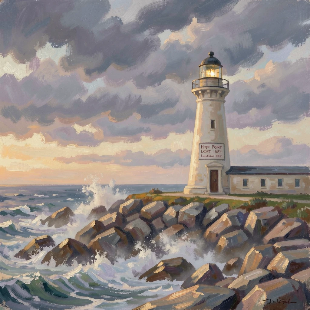 A remote lighthouse on a rocky headland, waves crashing dramatically below as storm clouds gather offshore, filled with warmth and nostalgia.