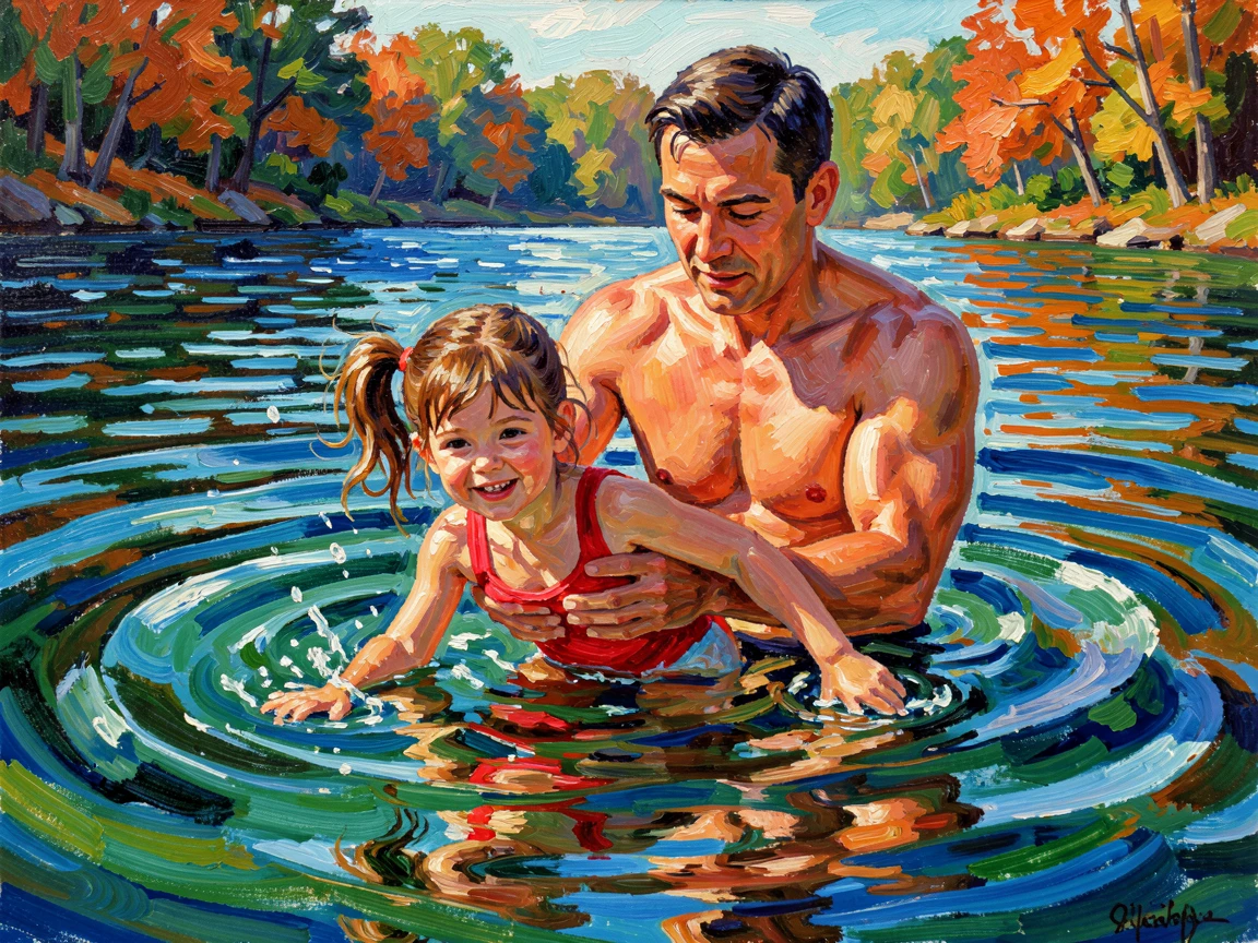 A father teaching his daughter to swim, holding her steady in the shallow end of a lake.