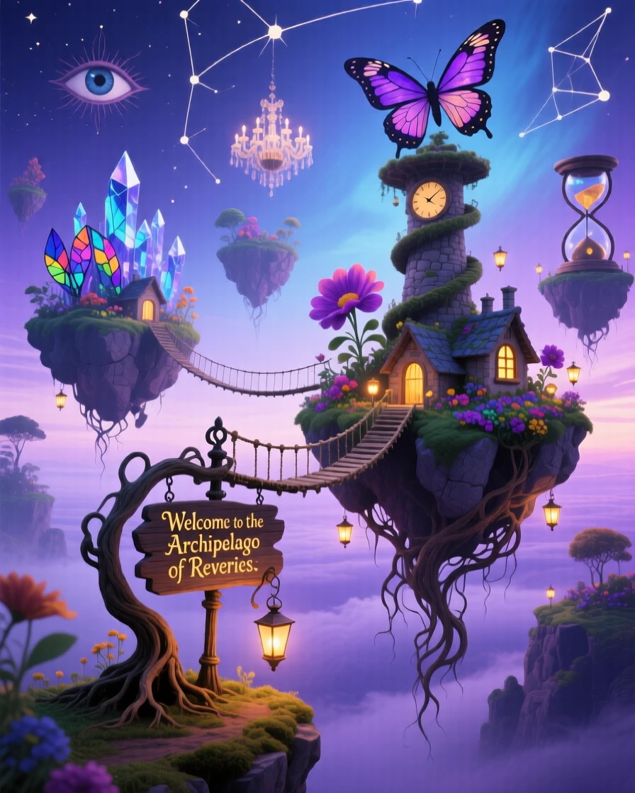 A cluster of floating islands connected by rope bridges drifts slowly across a lavender horizon, as tiny lights flicker on in its windows one by one.