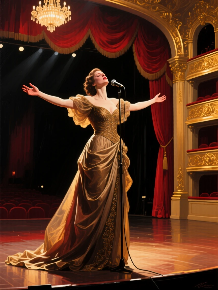 An elegant opera singer performs on a grand stage, arms outstretched, dramatic lighting catching the folds of her flowing gown, the composition drawing attention to small, telling gestures that reveal character and mood.