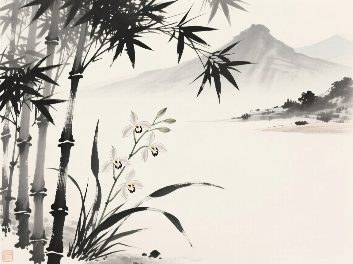 Slender orchids bloom quietly in the shade of a bamboo grove, with distant peaks barely visible through the canopy.
