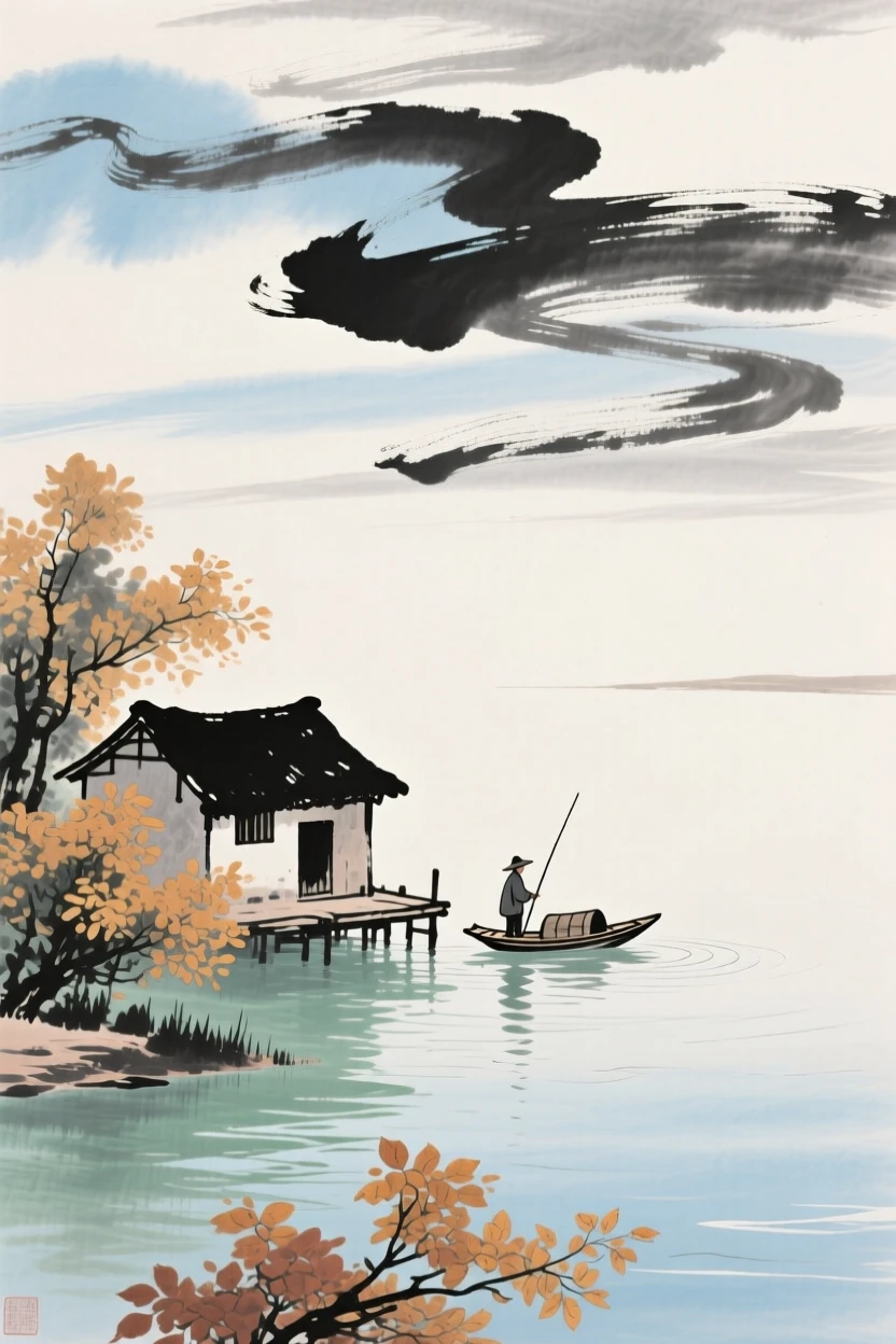 A solitary fisherman's hut perched at the edge of a quiet bay, as autumn leaves turn golden, imbued with timeless calm, under a sky streaked with clouds.
