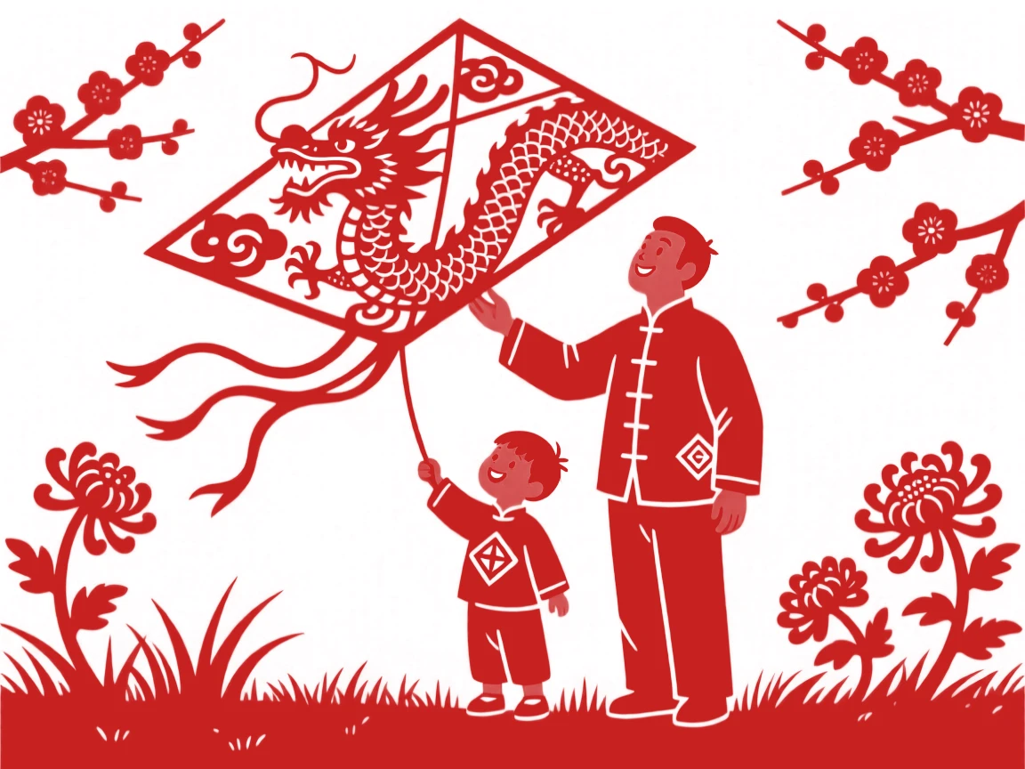 A father teaching his young son to fly a kite in an open field, both looking up with matching expressions of delight