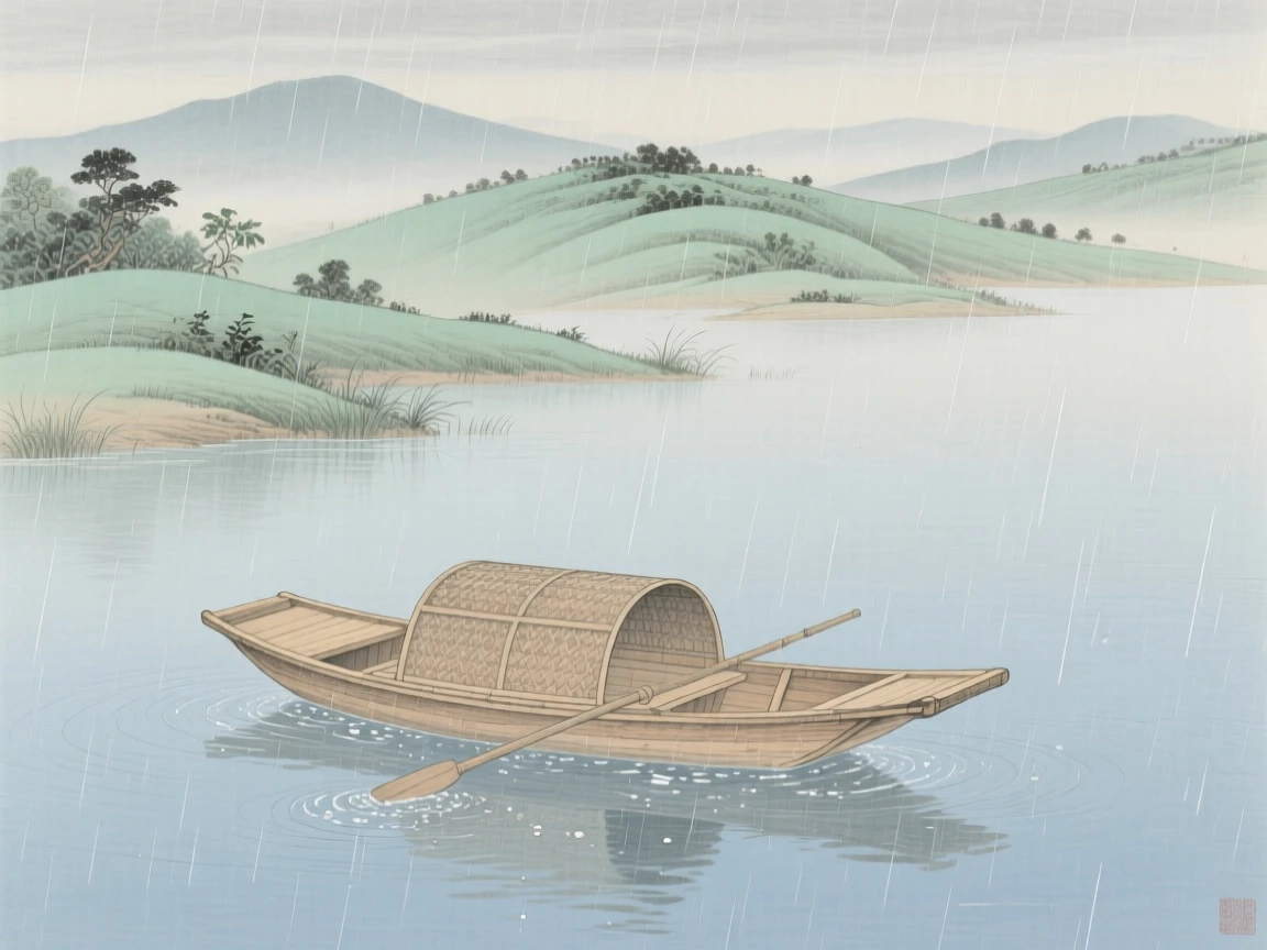 A small wooden boat drifting on a calm lake, with gentle rain falling over the layered hillsides