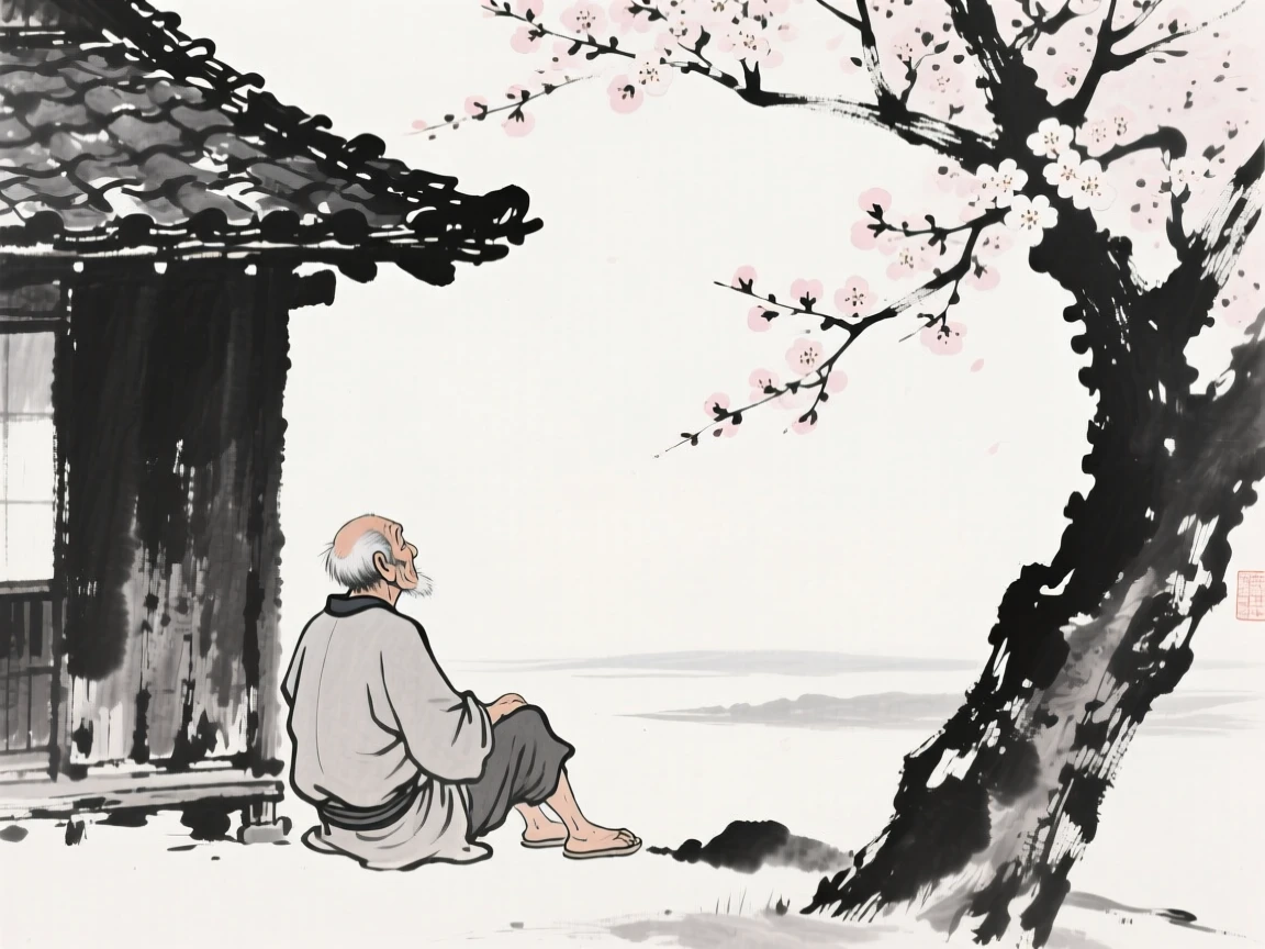 An old fisherman resting beneath the shade of a blossoming tree beneath the eaves of an old farmhouse, seen from behind, gazing out toward the horizon, capturing an everyday moment full of gentle humanity.