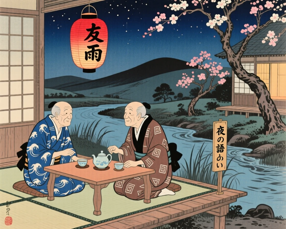 Two old friends at a lantern-lit table late at night.