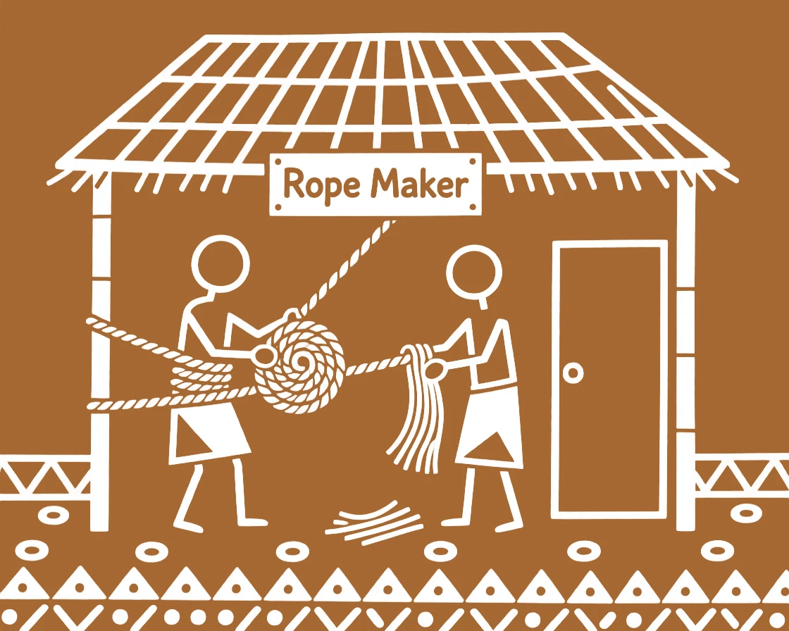 A rope maker working alongside a spouse in a small workshop.