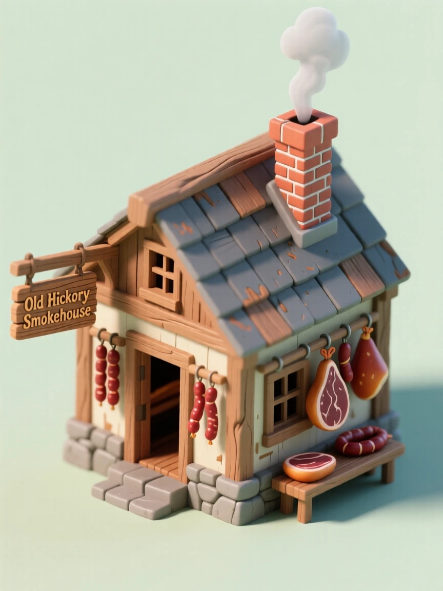 A rustic smokehouse with racks of cured meats hanging, smoke curling from a chimney, and a rustic sign swinging in the breeze.