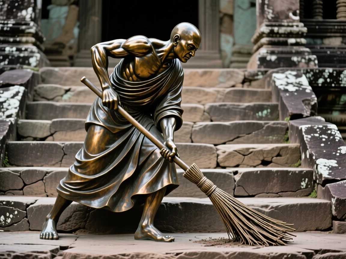 A monk sweeping the steps of an ancient temple, with powerful, expressive body language, forming a strong central focal point
