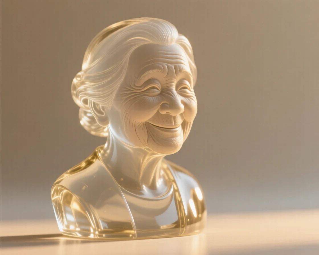 An elder woman with a gentle, wise smile captured in a candid, unposed moment, golden hour light wrapping around the figure, feeling authentic and moving.