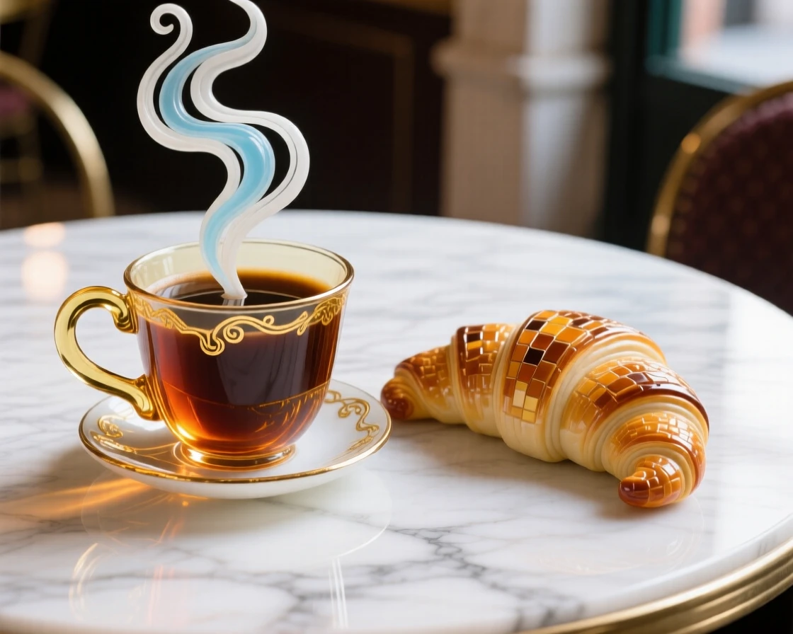 A steaming cup of coffee beside a warm croissant on a marble café table, cozy and inviting.
