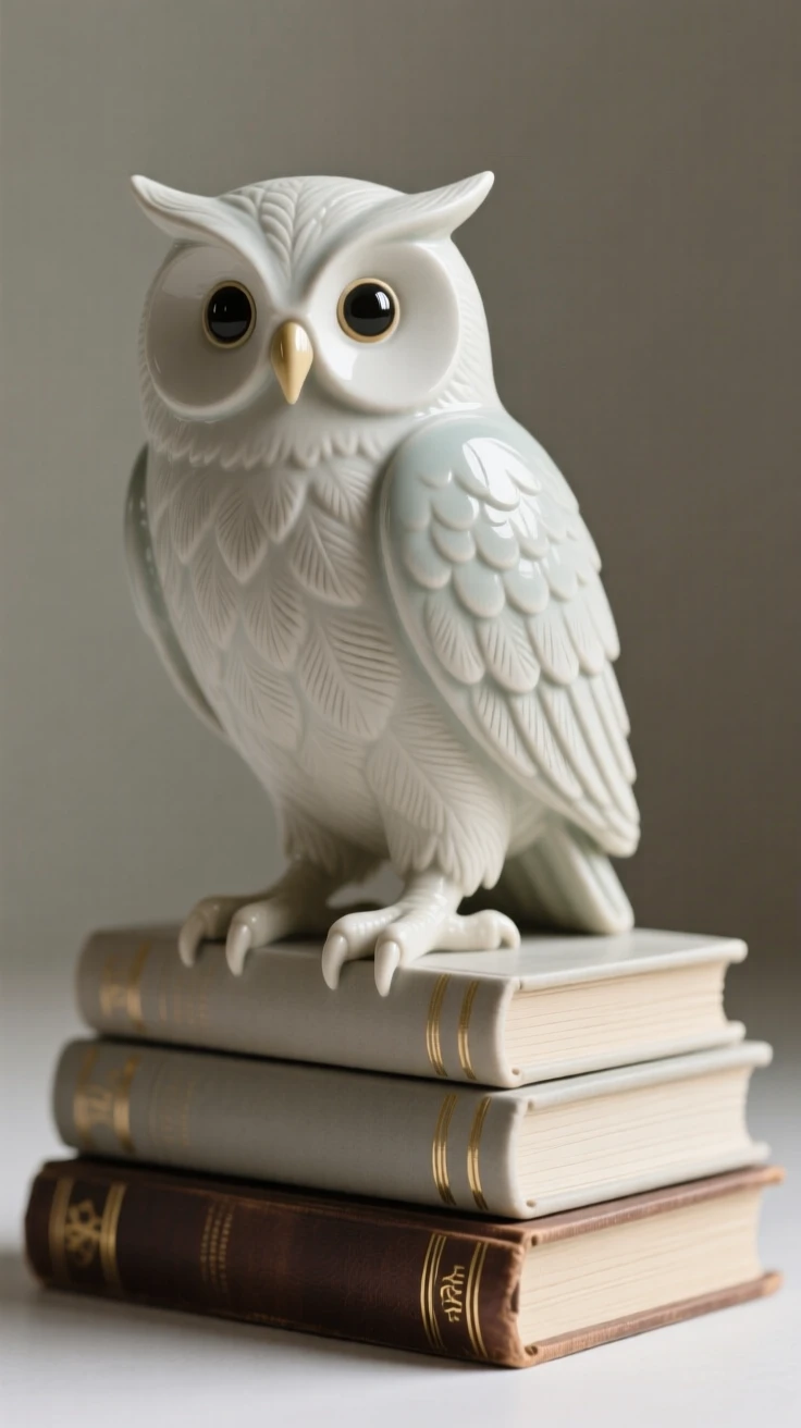 A decorative owl perched atop a stack of books posed with understated, timeless refinement, accented with subtle, tasteful ornamentation, conveying calm, tasteful sophistication.
