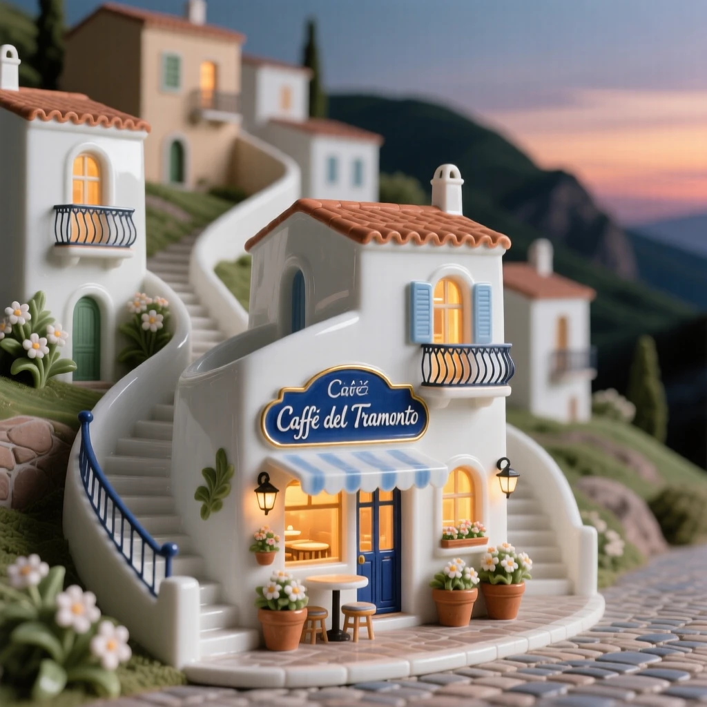 A charming hillside Mediterranean village at dusk, warm light spilling from café windows.