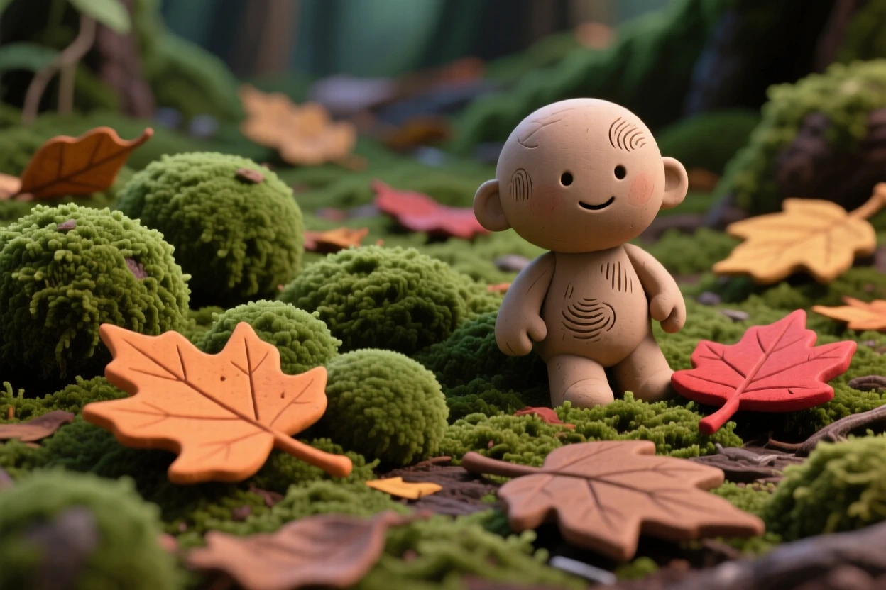 A mossy forest floor scattered with fallen autumn leaves
