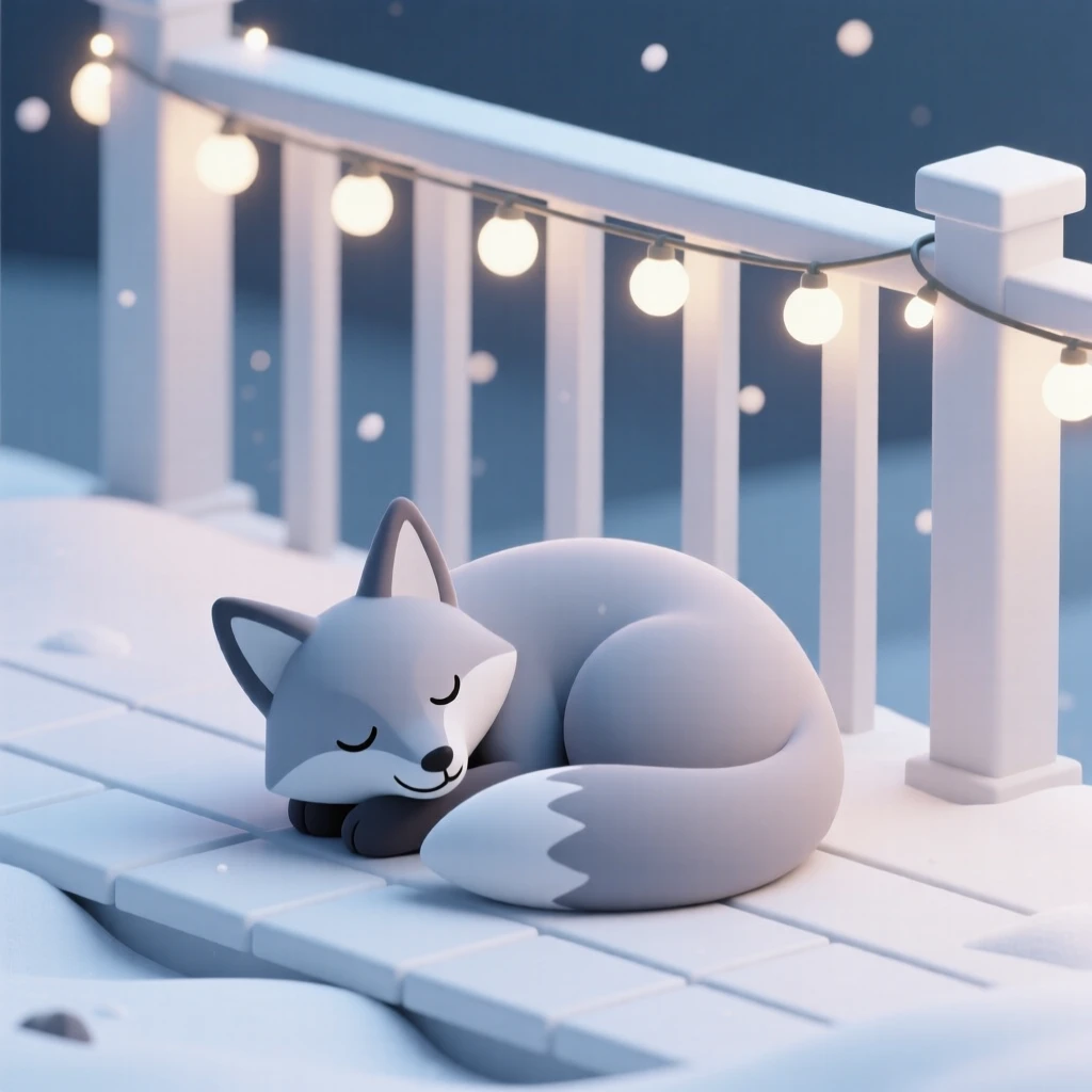 A gentle winter fox curls up beneath twinkling holiday lights strung along a snow-covered porch railing.