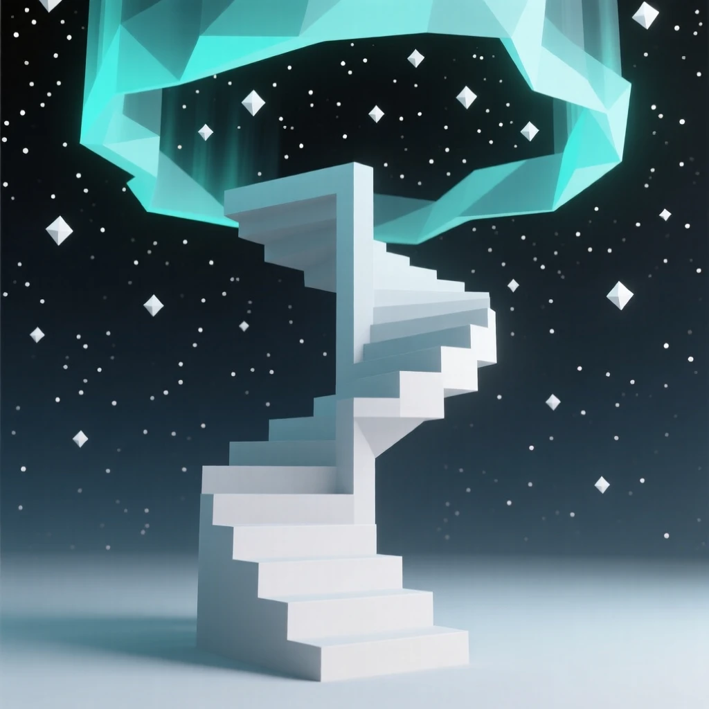 A surreal staircase spiraling into a starry void, beneath shimmering auroras. rich color gradients enhance the dreamlike atmosphere. The mood feels futuristic and full of possibility.
