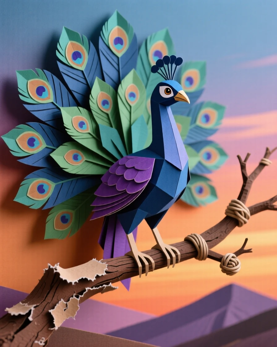 A regal peacock perched on a weathered branch, with warm sunset colors filling the sky, conveying quiet dignity and grace.
