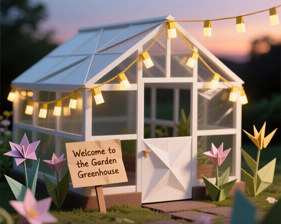 A quiet garden greenhouse glowing warmly with string lights at dusk.