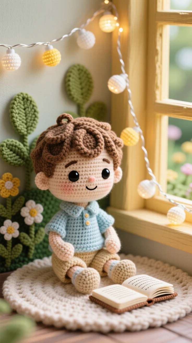 a small boy writing in a journal, with a thoughtful expression, is shown sitting cross-legged on a soft rug within a sunlit windowsill overlooking a garden beside a string of soft fairy lights along the wall, capturing quiet, unhurried domestic peace.