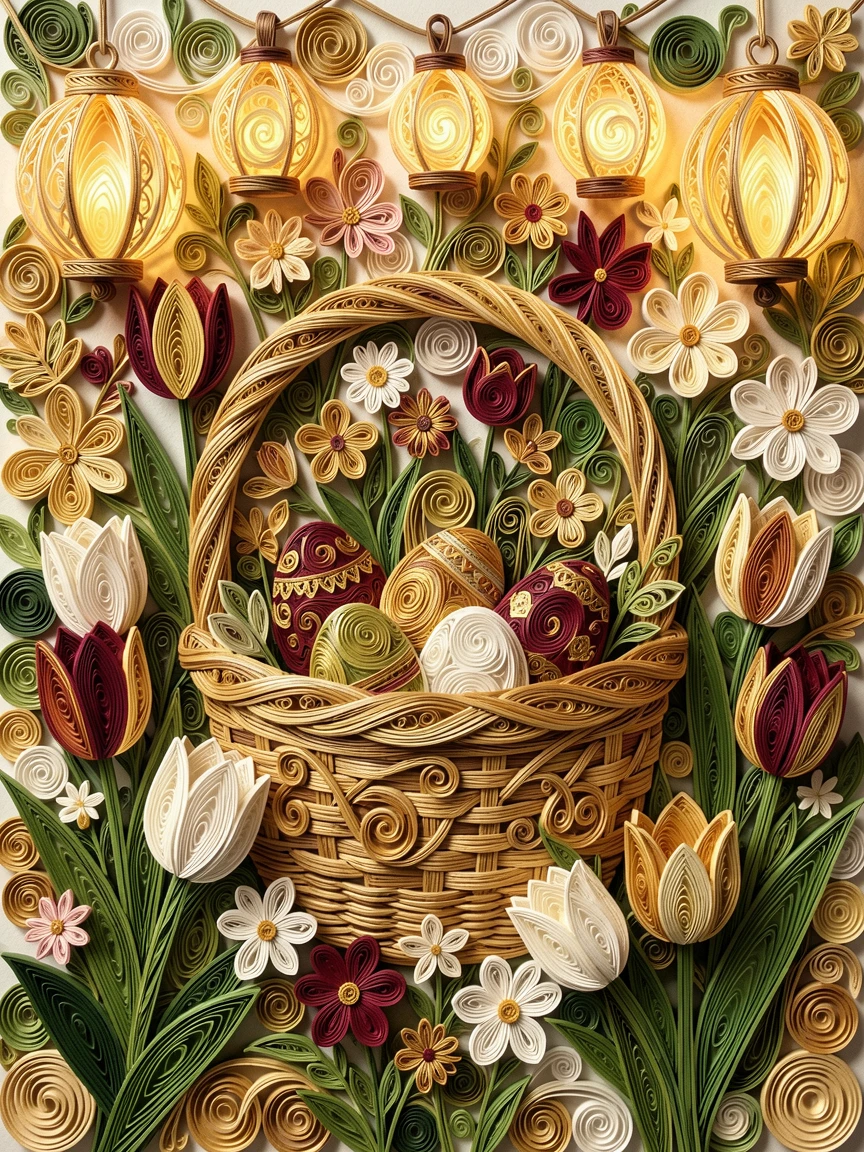 A festive holiday scene of a springtime Easter basket nestled among tulips in a garden bursting with spring blossoms, in a festive palette of gold, ivory, and deep crimson, framed by strings of glowing lanterns.