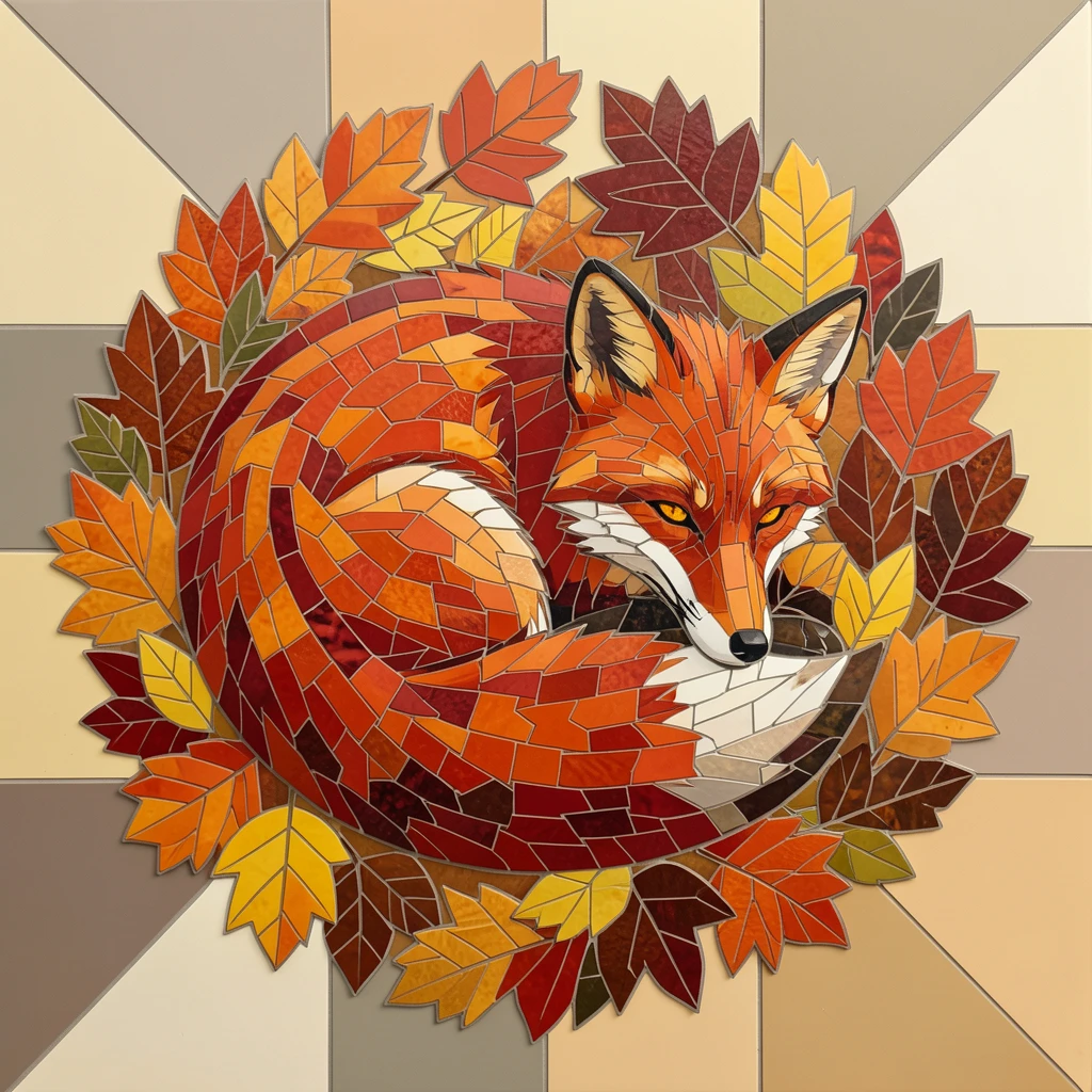 A red fox curled up in a bed of autumn leaves.