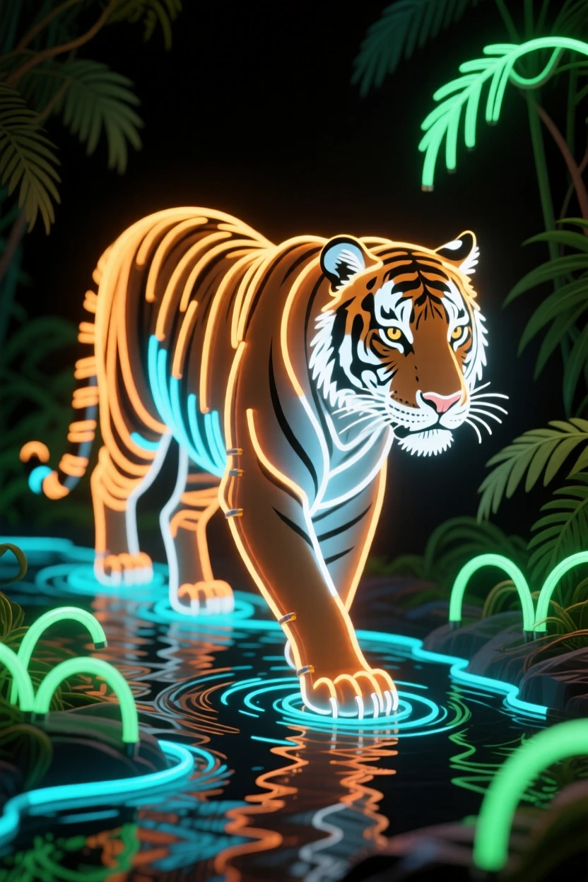 A tiger wading through a shallow jungle stream.