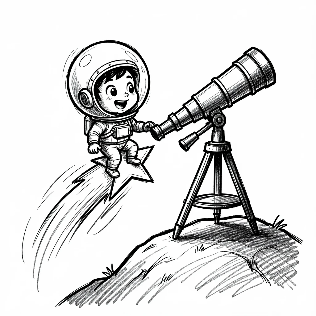 A tiny astronaut riding a shooting star beside a telescope on a hilltop.