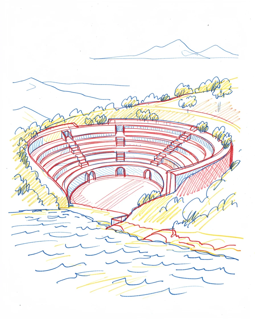 A grand hillside amphitheater overlooking a sparkling coastline