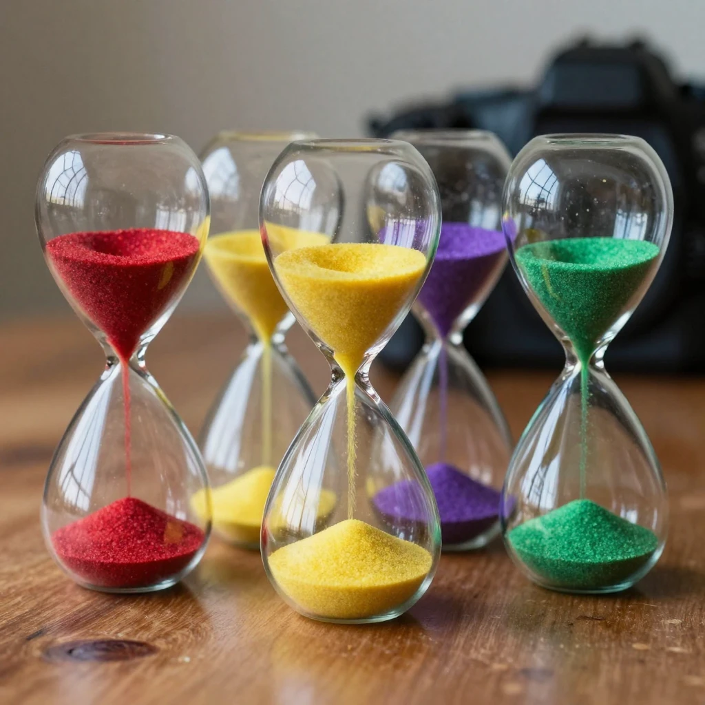 A collection of hourglasses filled with colored sand