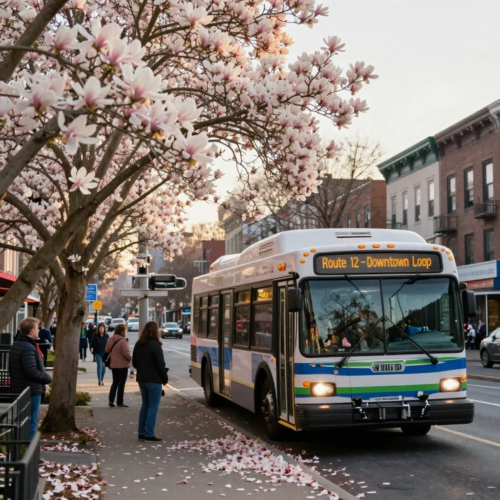 A city bus glides past a row of blooming magnolia trees on a spring morning.