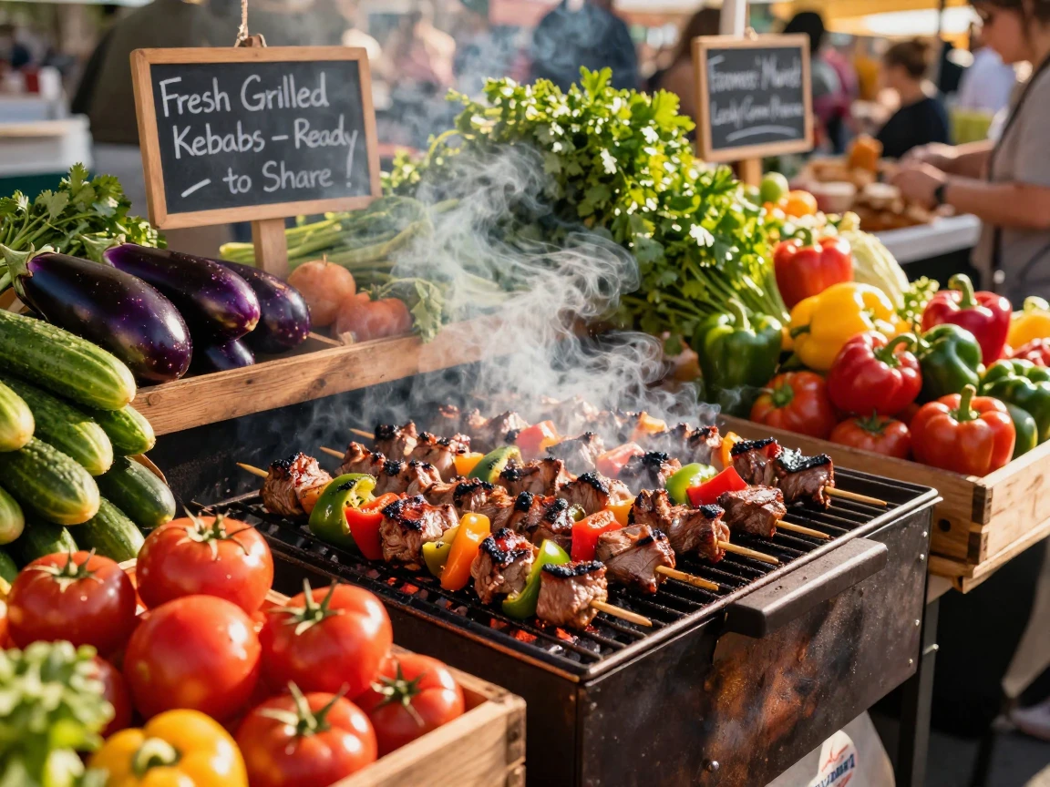 A grill loaded with sizzling kebabs and peppers, ready to be shared, on a market stall piled high with produce