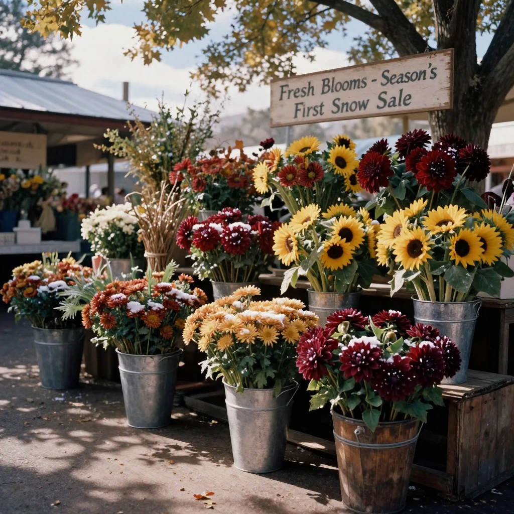 A flower market bursting with buckets of fresh-cut blooms, in dappled light filtering through leaves, under scattered clouds, under the first snow of winter, with rich burgundy and gold accents, viewed from across the room.