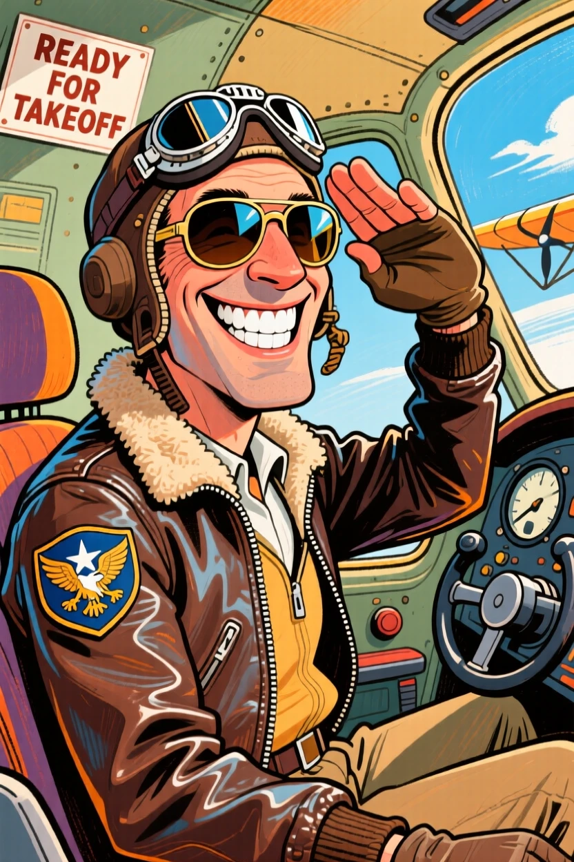 A pilot in the cockpit giving a confident salute before takeoff, aviators gleaming.