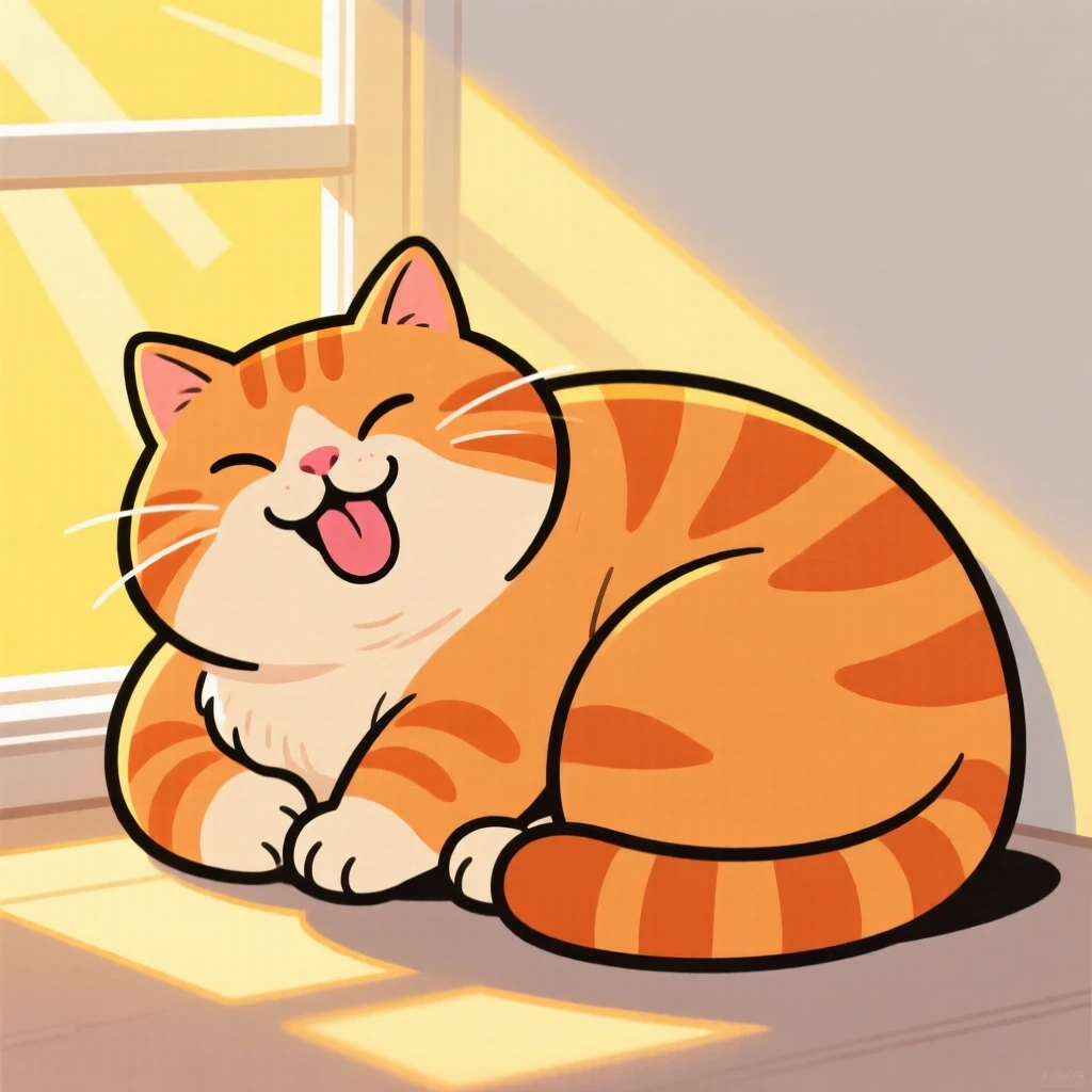 A playful pet moment featuring a plump orange tabby cat curling up for a nap in a sunbeam, with its tongue lolling out sideways.