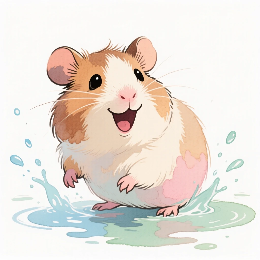 A guinea pig splashing happily in a puddle