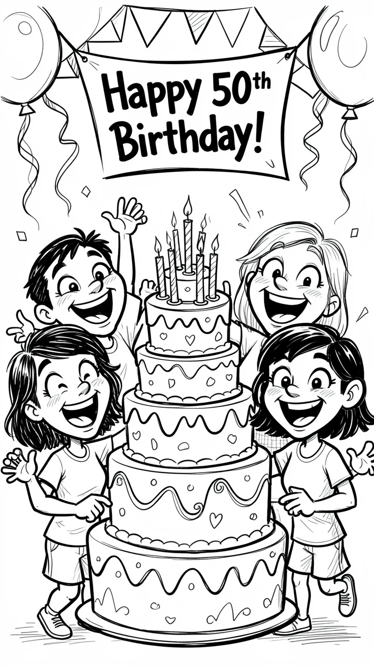 [Seasonal Holidays & Celebrations] Festive scene of a family celebrating a milestone birthday with a giant cake, full of celebration and joy