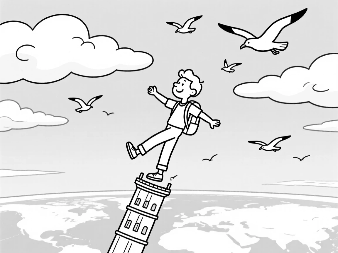A tourist balancing precariously for a tilted-tower photo, watching the world go by with a contented sigh, set thirty thousand feet above rolling clouds. Seagulls circle hopefully overhead. It radiates wanderlust and the fun of getting a little lost.