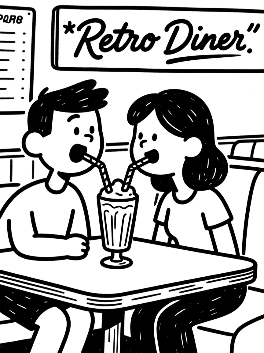A couple sharing one milkshake with two straws at a retro diner booth.