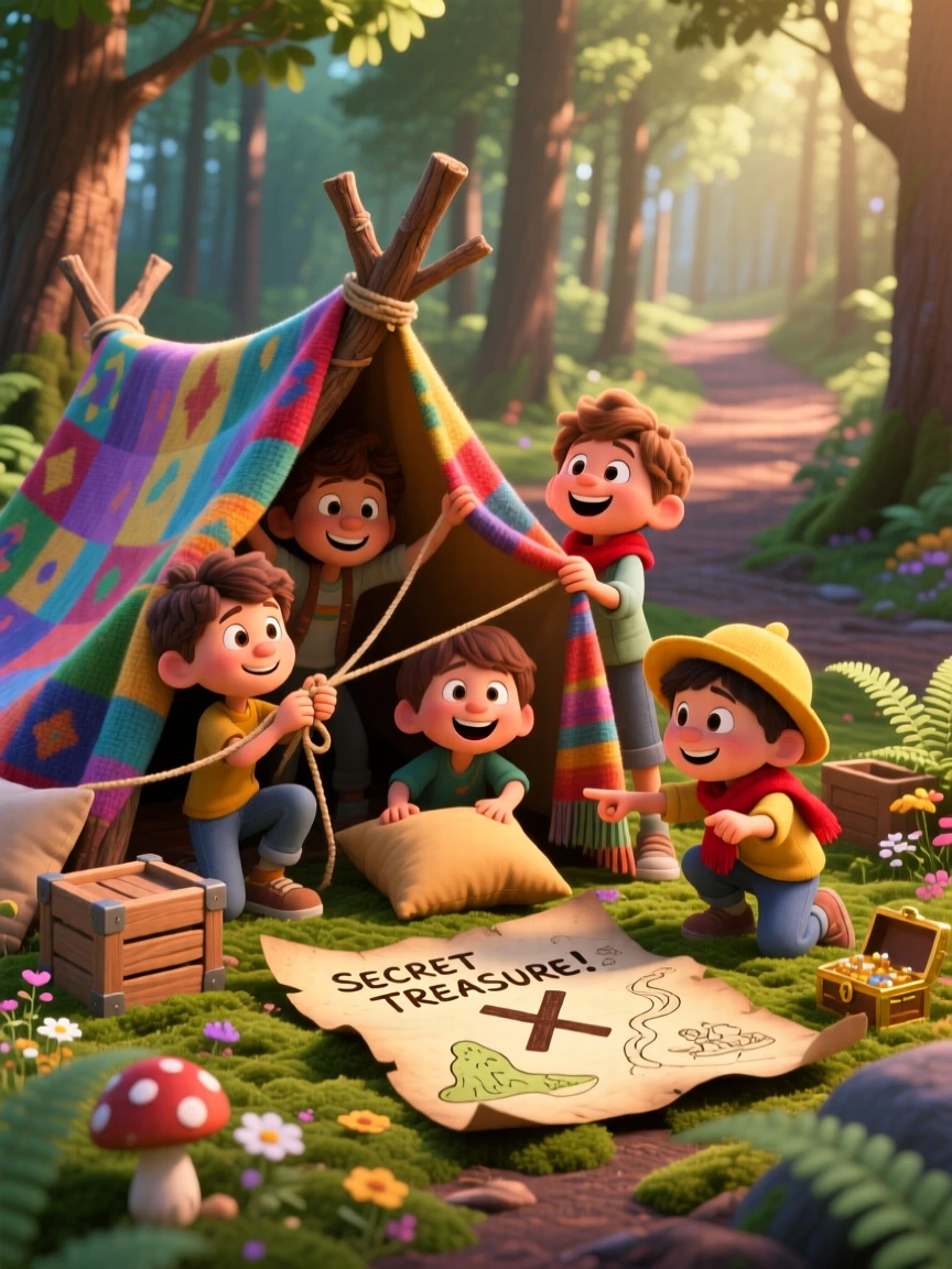 A group of kids building a blanket fort takes place along a quiet forest trail dappled with light, with a handmade treasure map spread out nearby. The mood is playful, curious, and full of imagination.
