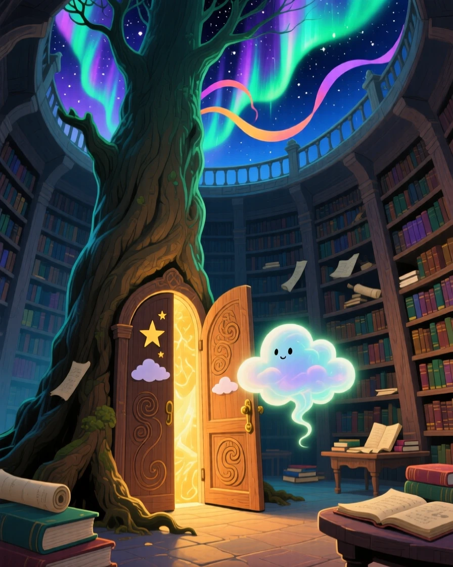 In an ancient library tower, a cloud spirit discovers a moment of wonder while opening a door hidden inside a tree trunk, as the northern lights ripple overhead.